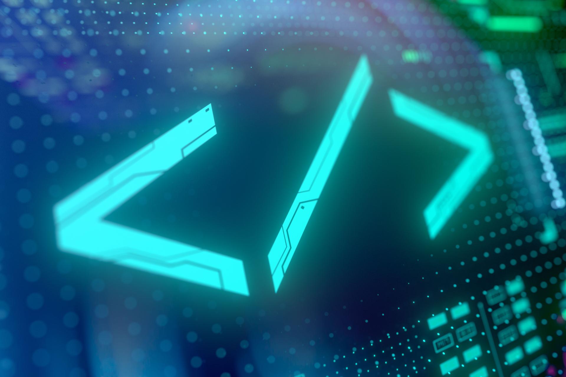 Program code development icon on a digital LCD display with reflection.