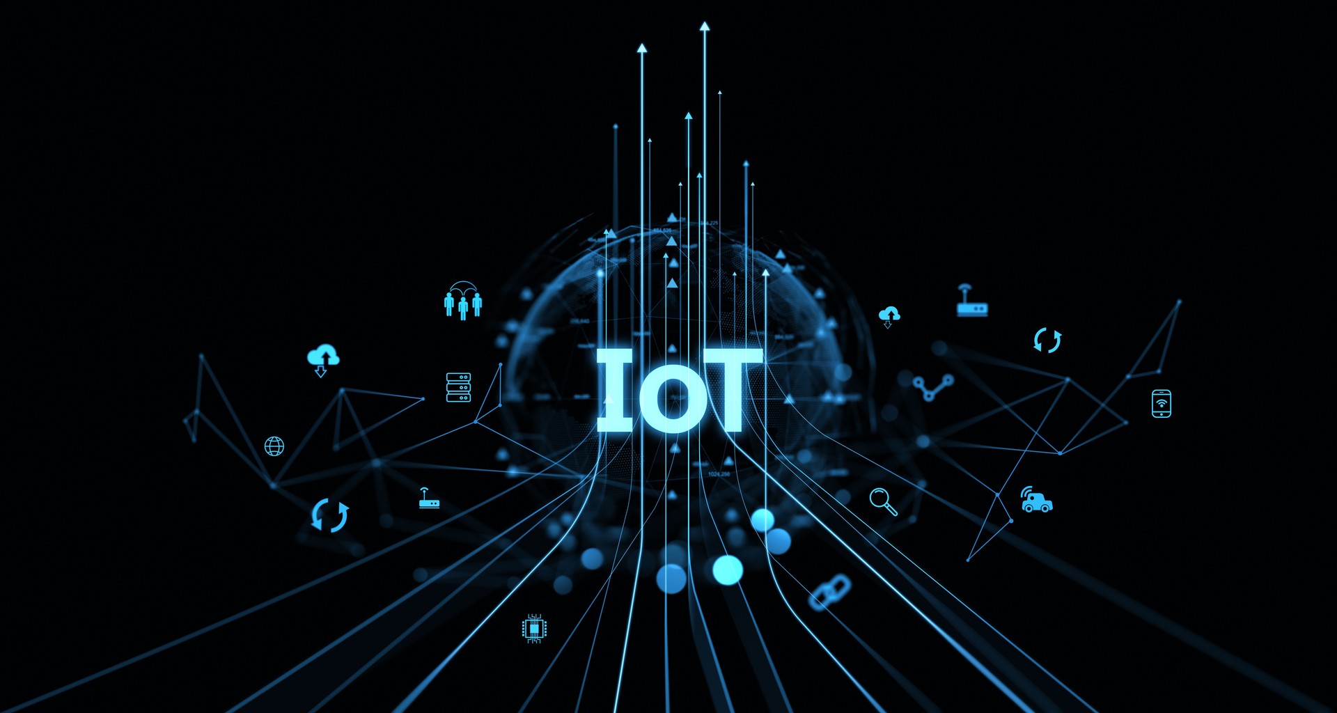 Glowing IoT text with technology icons on a dark background. 3D Rendering