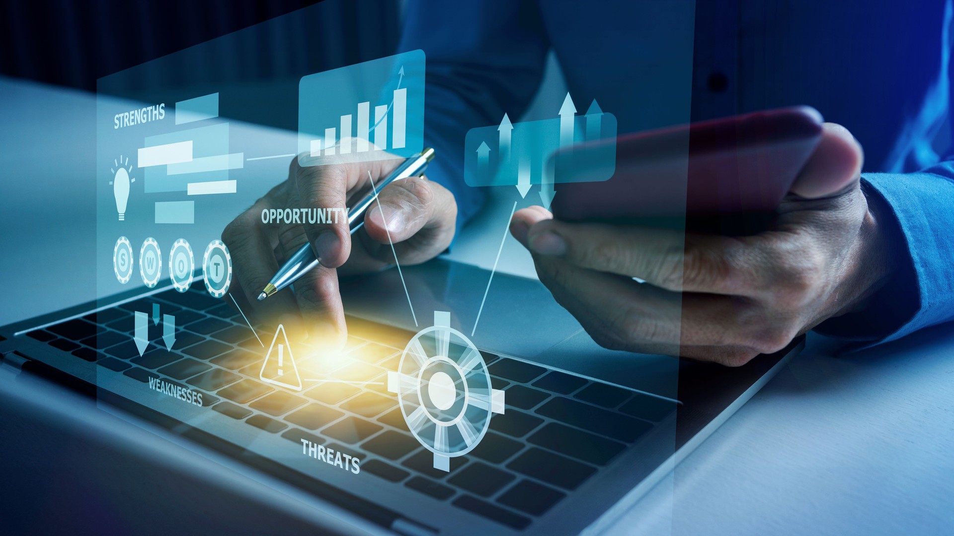 Business man works with SWOT virtual diagram, strengths, weaknesses, threats and opportunities text icon.
