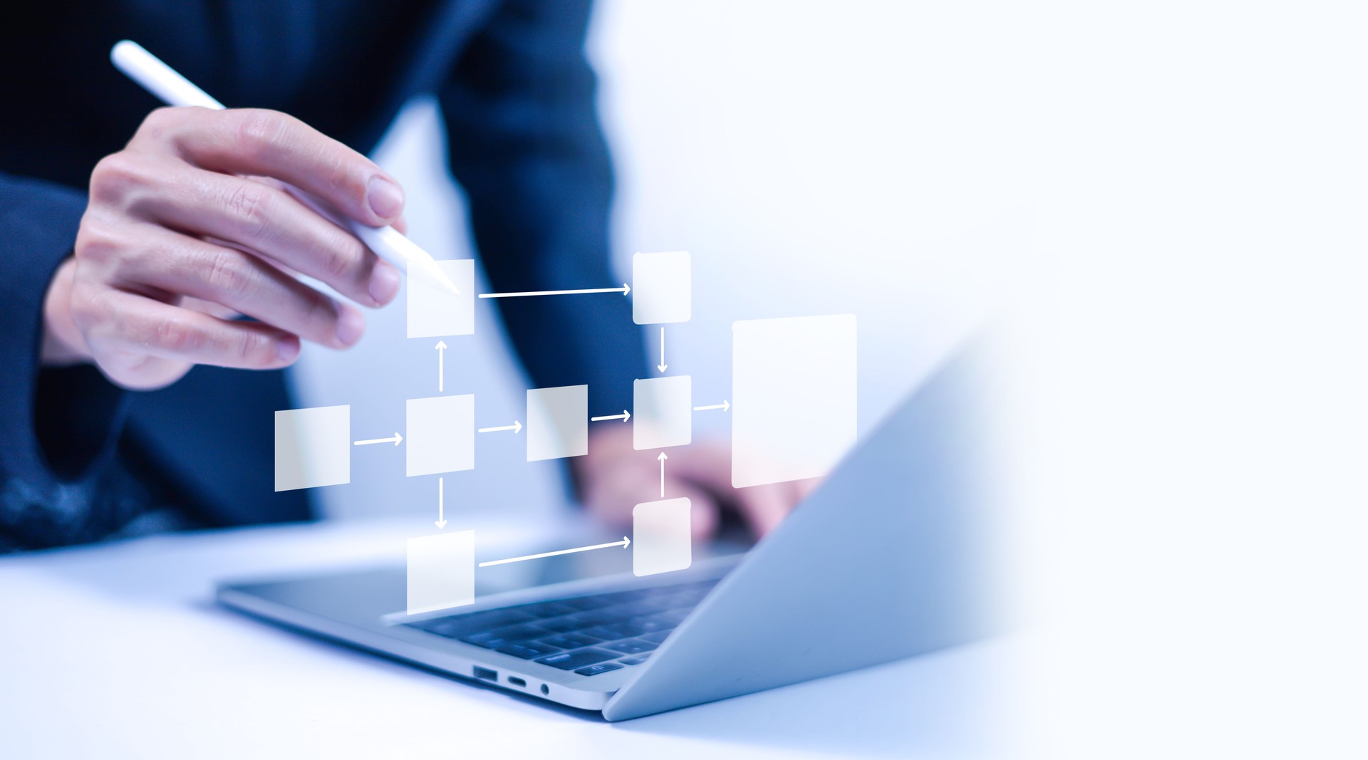 Business process diagram, white background. Automation workflow design concept with process diagram, algorithm, process flow diagram, work structure model, digital