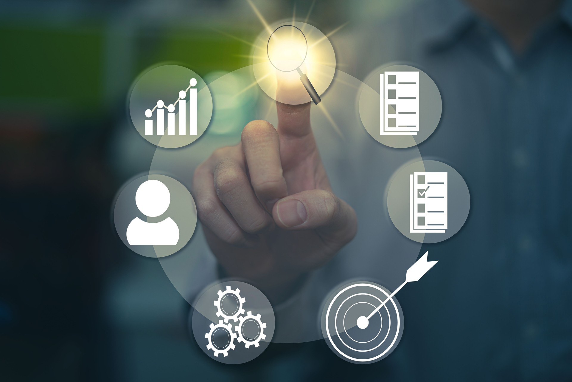 business man finger choose target dart aim option button amoung grae graph chart and goal success strategy achieve way by use technology in marketing competition and great performance